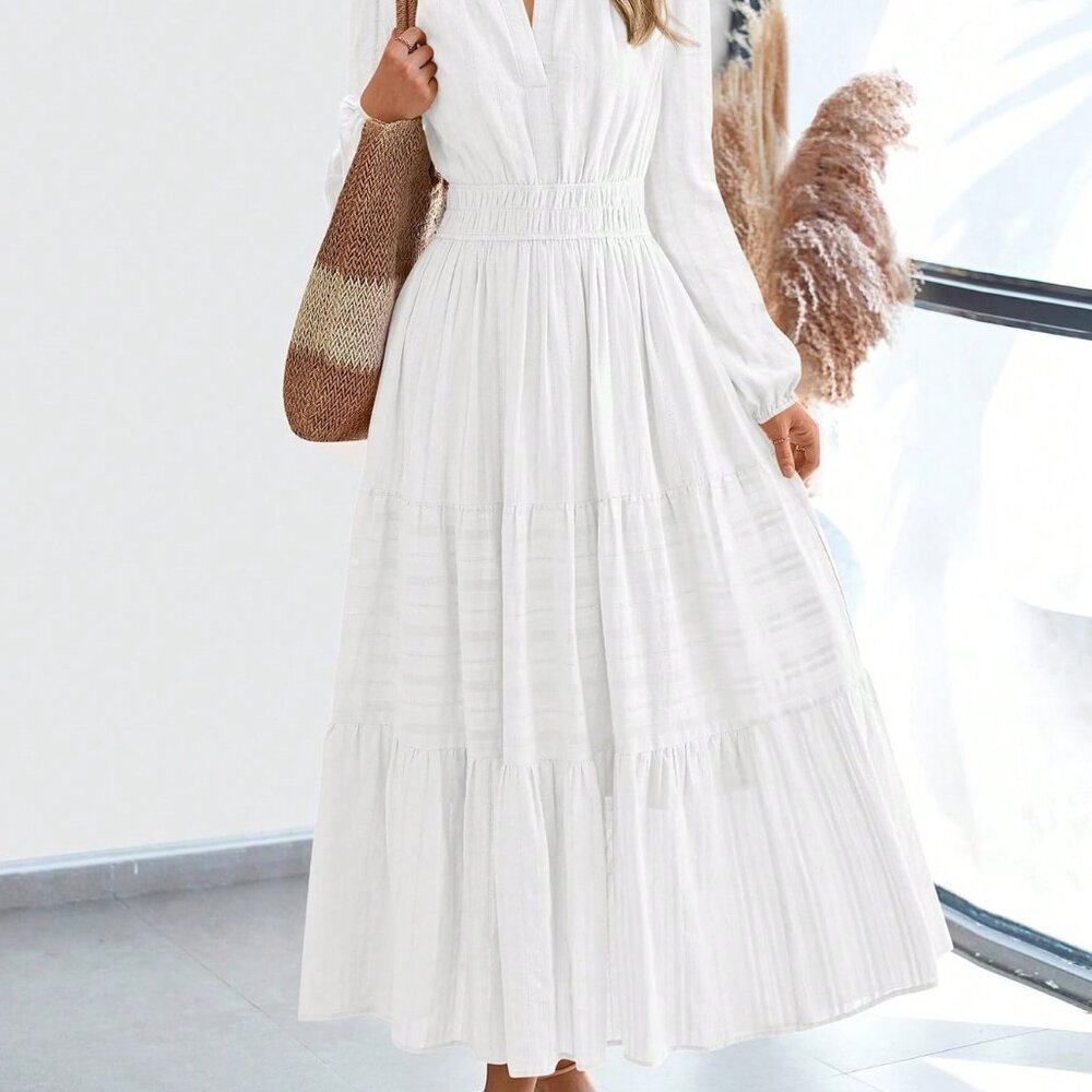 White Casual Women's Boho Long Sleeve Maxi Dress